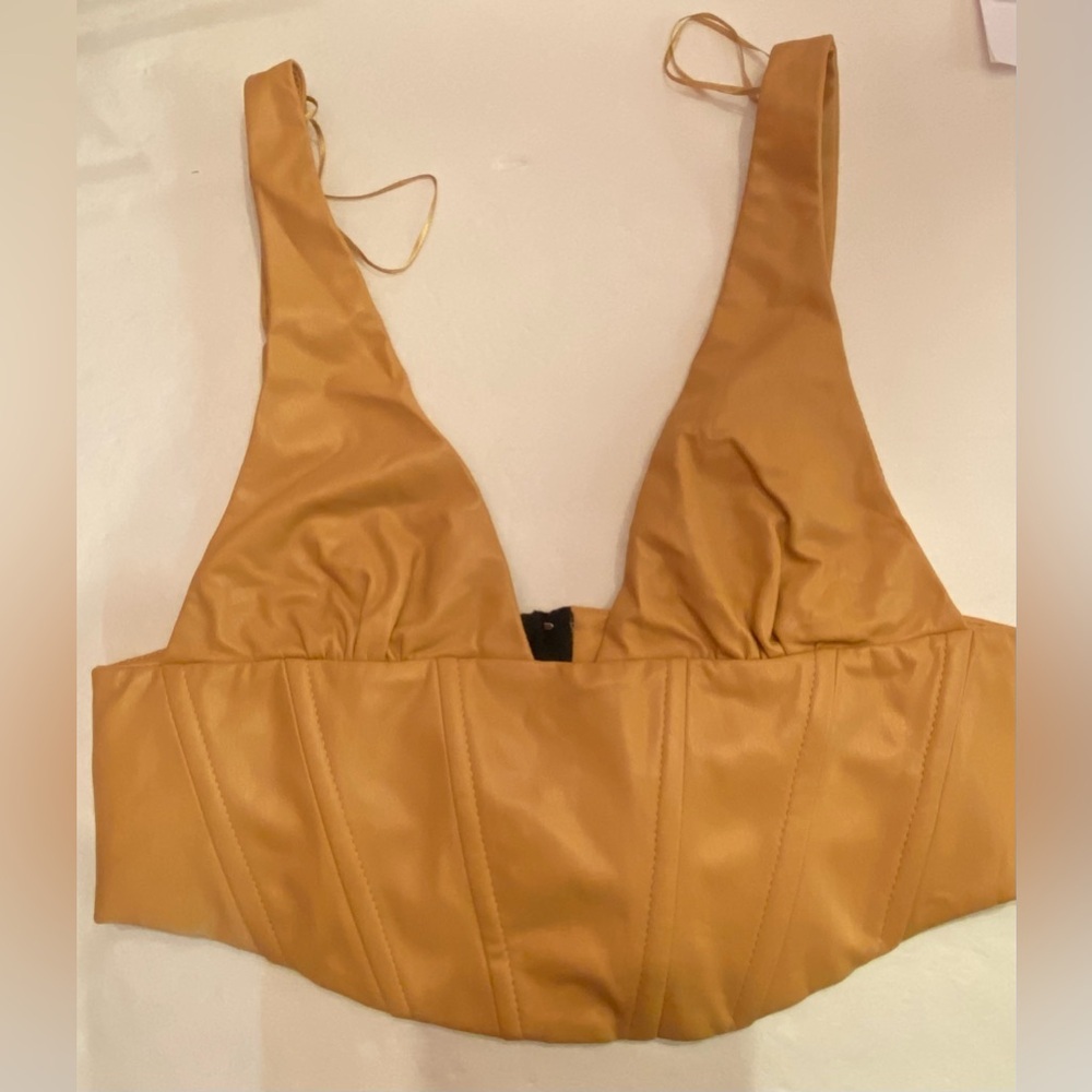 Zara Faux Leather Corset Top Mustard Tan Deep V-Neck Hook Eye Closure Womens M